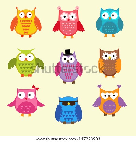 Collection Cute Colorful Owls Stock Vector 58026106 - Shutterstock