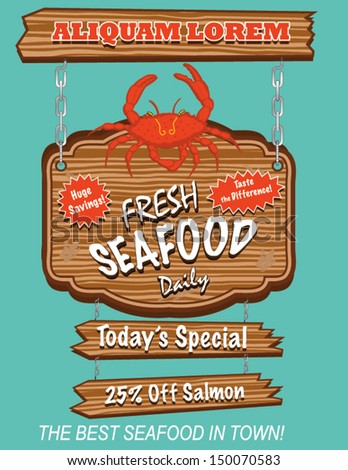 Seafood Poster Design with Crab - stock vector