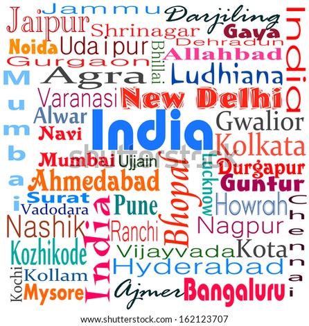 India typography word cloud background pattern with over 50 major ...