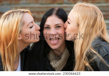 Happy Three Beautiful Young Women Kissing Stock Photo 72446047 ...