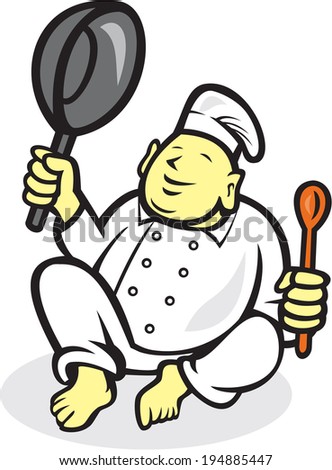 Illustration of a happy fat buddha chef cook holding frying pan and ...