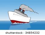 A cartoon cruise ship out on the open sea. - stock photo