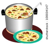 Meatball soup. Illustration of a big, stainless steel pot with a copper ...